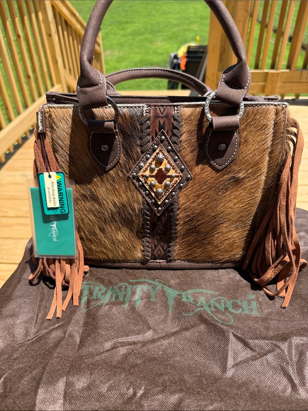 Trinity Brown Hair-On Leather Satchel w Fringe and Studded Medallion BRAND NEW